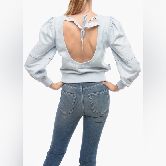 GANNI Light Blue Yellow Flower Long Puff Sleeves Backless Tie Sweatshirt Size M - Picture 11 of 11